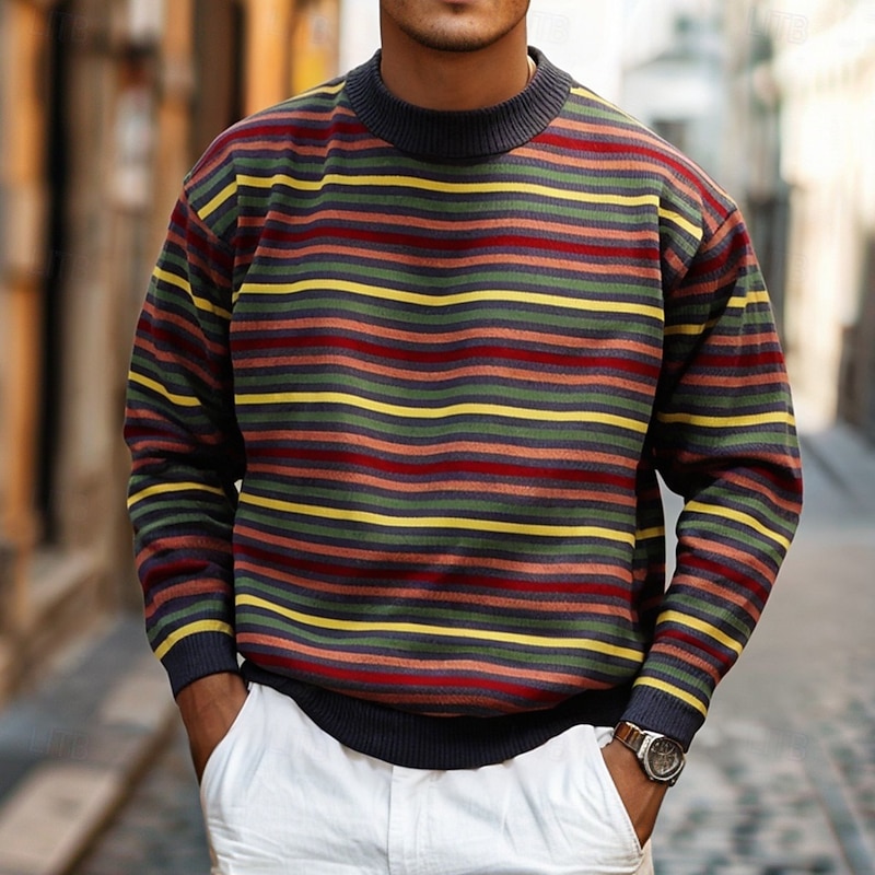 Men's Sweater Pullover Sweater Jumper Striped Sweater Xmas Sweater Ribbed Chunky Knit Classic Rainbow Crew Neck Christmas Knitwear Christmas Home Clothing Apparel Fall Winter Red M L XL