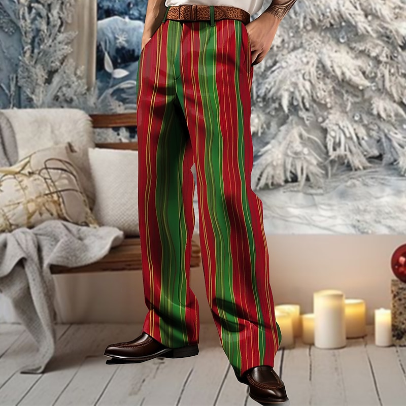 Christmas Men's Striped Dress Pants Mid Waist Casual Party Outdoor Home Zipper Pocket Straight Leg Trousers Summer Spring Fall 3D Print Pink Red Orange