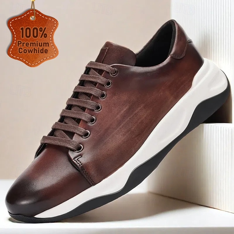 Men's Premium Leather Casual Sneakers – Cowhide, Brown Lace-Up Shoes with Comfortable Sole for Everyday Wear and Smart-Casual Style