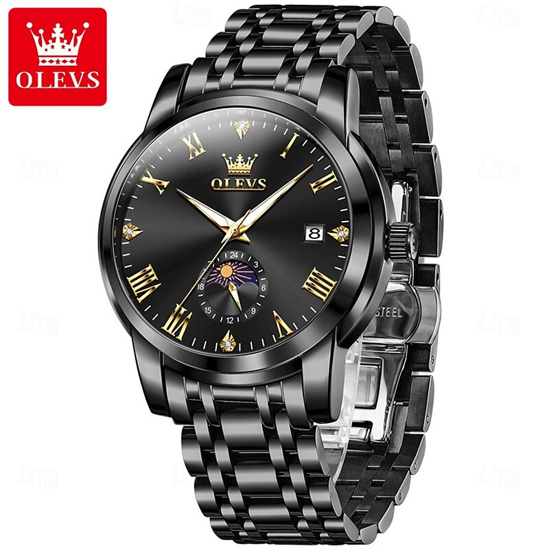 OLEVS Men Quartz Watch Creative Fashion Casual Wristwatch Moon phase Luminous Calendar Waterproof Steel Watch