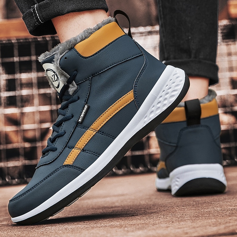 Men's Waterproof High-Top Sneakers with Warm Plush Lining – Stylish Outdoor Athletic Shoes with Yellow Accents and Durable Sole2