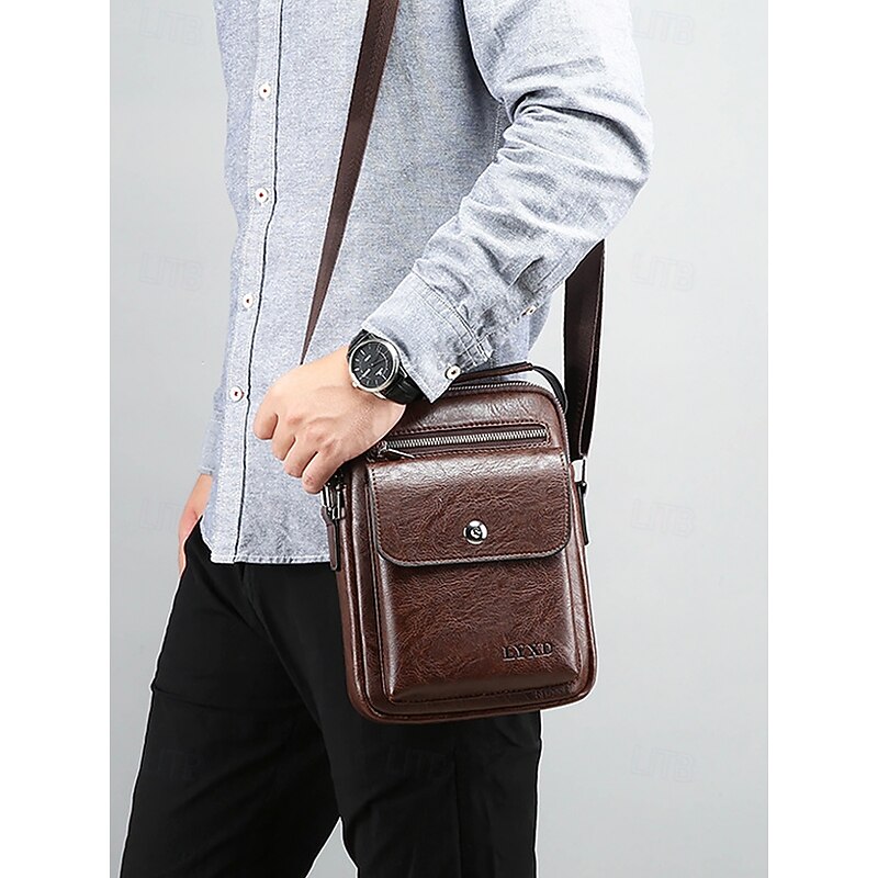 Men's Vintage Brown Faux Leather Crossbody Bag – Compact Shoulder Bag with Multiple Pockets for Travel, Work, and Everyday Use3
