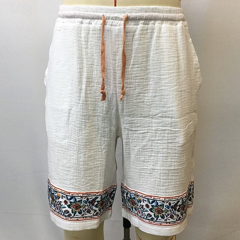Men's Shorts Linen Shorts Summer Shorts Beach Shorts Patchwork Drawstring Elastic Waist Plain Breathable Knee Length Vacation Holiday Beach Fashion Casual White2