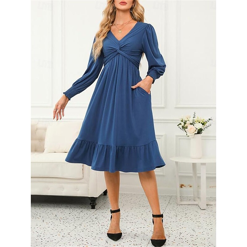 Women's Midi Dress Casual Dress Cocktail Dress Satin Dress Swing Dress Casual Sports & Outdoor Street Regular Fit Plain Long Sleeve V Neck Black Blue Fuchsia Fall Winter3