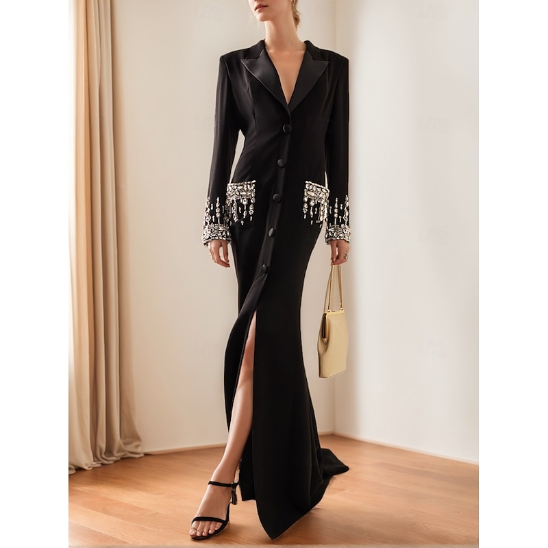 Tuxedo Dress A-Line Mermaid Formal Wedding Stretch Crepe Elegant Glittering Long Sleeve Floor Length Shirt Collar Single Breasted2