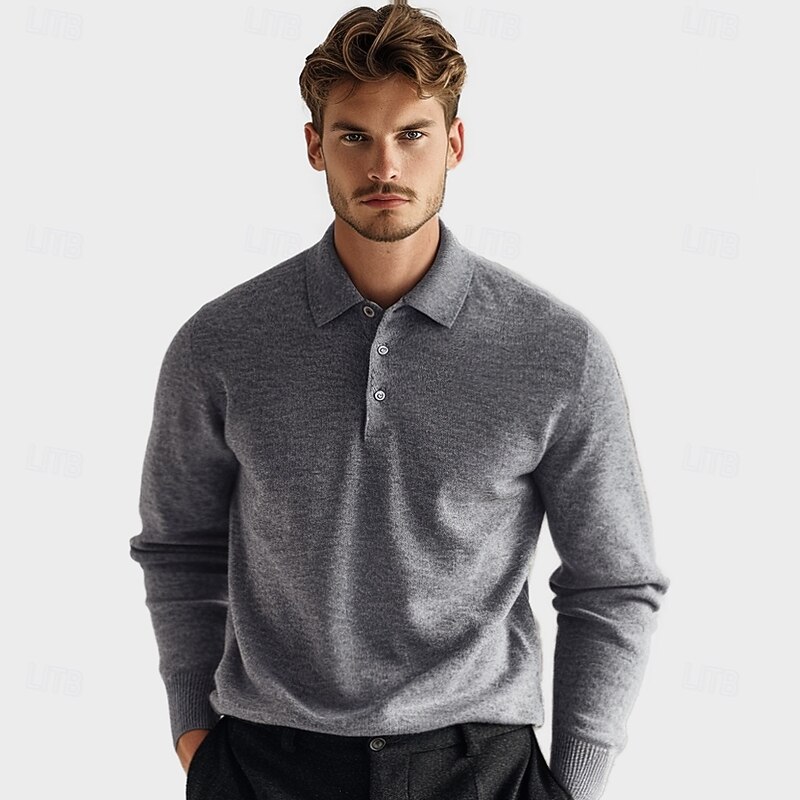 Men's Wool Polo Sweater Knit Button Up Solid Color Polo Collar Knitwear Elegant School Formal Clothing Apparel Fall Winter Black Navy Blue S M L