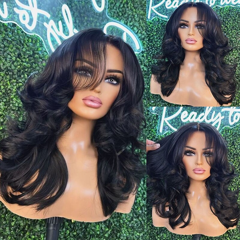 Human Hair 5x5 Closure 13x4 Lace Front Wig With Bangs Brazilian Hair Wavy Black Wig 130% 150% Density with Baby Hair Natural Hairline Glueless Pre-Plucked For Women Long Human Hair Lace Wig