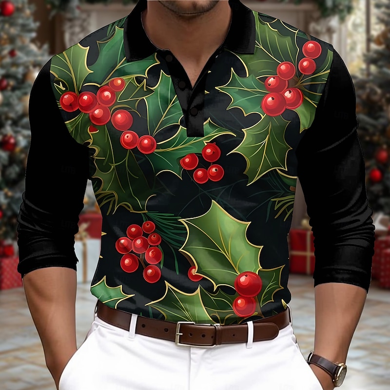 Men's Fruit Golf Polos Shirts Long Sleeve Polo Shirts Collar Casual Dailywear New Years Eve Shirts Festival Outfit Buttons 3D Print Spring Fall Winter Black
