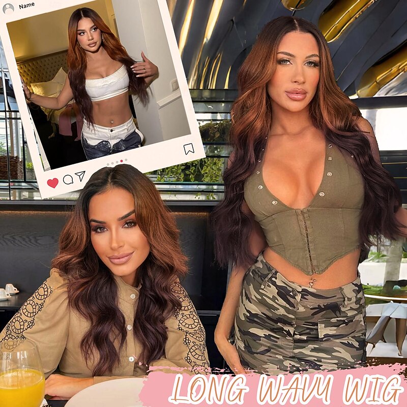 Brown Wig for Women Long Wavy Orange to Brown Wig Middle Part Synthetic Heat Resistant Wig for Daily Party2