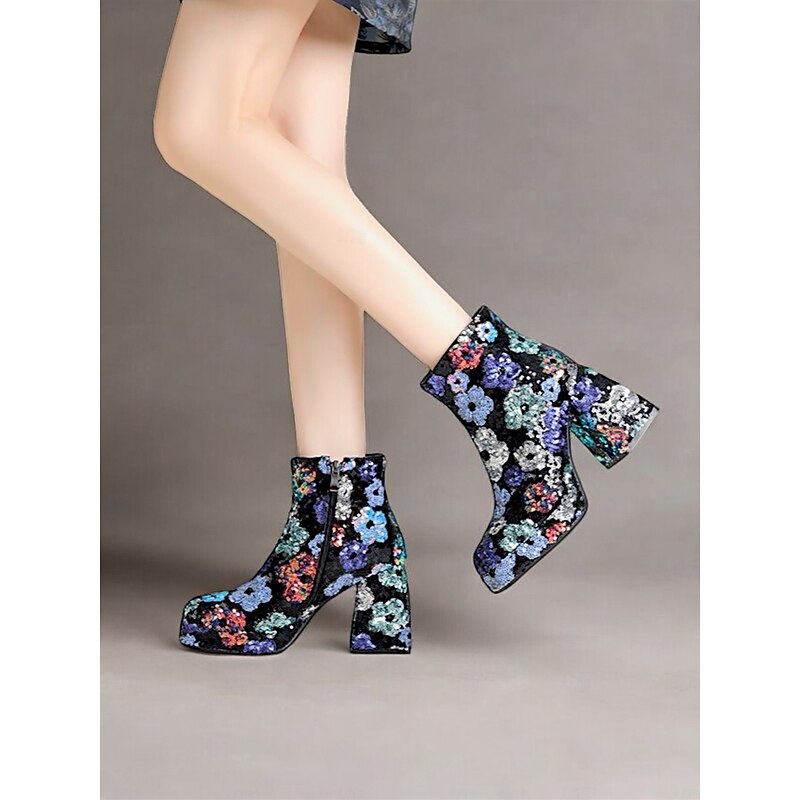 Women's Sequin Floral Ankle Boots – Glittering Platform Block Heels for Parties and Events4