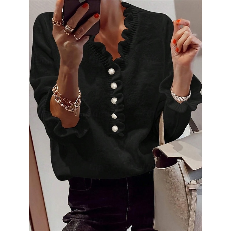 Women's Sweater Casual Soft Pure Color Ribbed V Neck Ruffle Buttons Knitted Long Sleeve Regular Tops Knit Outdoor Daily Weekend Black White Fall Winter3