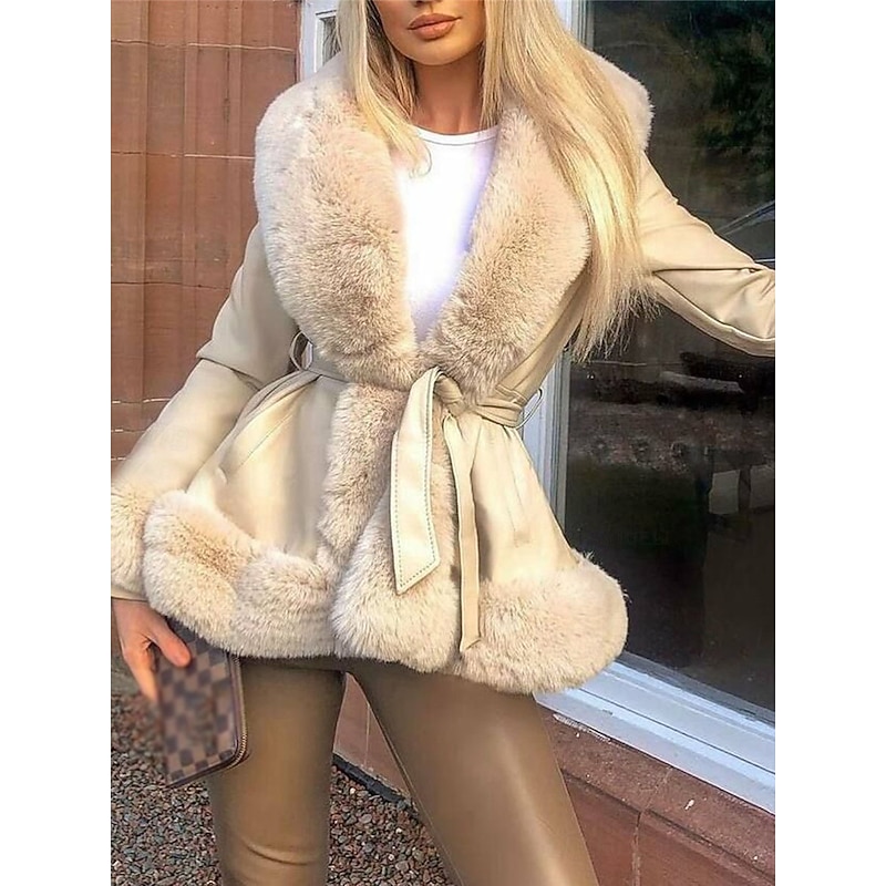 Women's Faux Leather Jacket Warm Breathable Fur Collar Casual Plain Vacation Street Daily Wear Going out Open Front Regular V Neck Regular Fit Long Sleeve Outerwear Black Brown Beige Fall Winter4