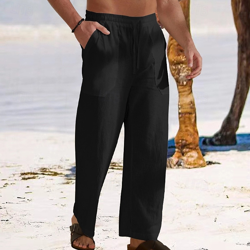 Men's Linen Pants Trousers Summer Pants Baggy Pants Beach Pants Drawstring Elastic Waist Straight Leg Plain Comfort Breathable Full Length Outdoor Daily Holiday Vacation Fashion Black White2