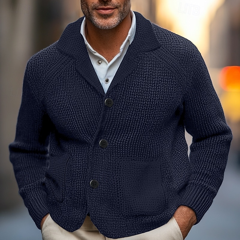 Men's Sweater Dress Sweater Cardigan Sweater Waffle Knit Cropped Knitted Stand Collar Clothing Apparel Fall Winter Red Brown Black XS S M