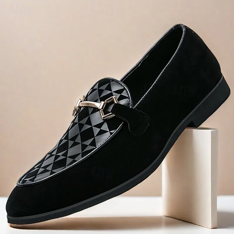 Men's Black Faux Suede Loafers with Geometric Pattern and Metal Buckle – Stylish Slip-On Dress Shoes for Formal Events and Parties