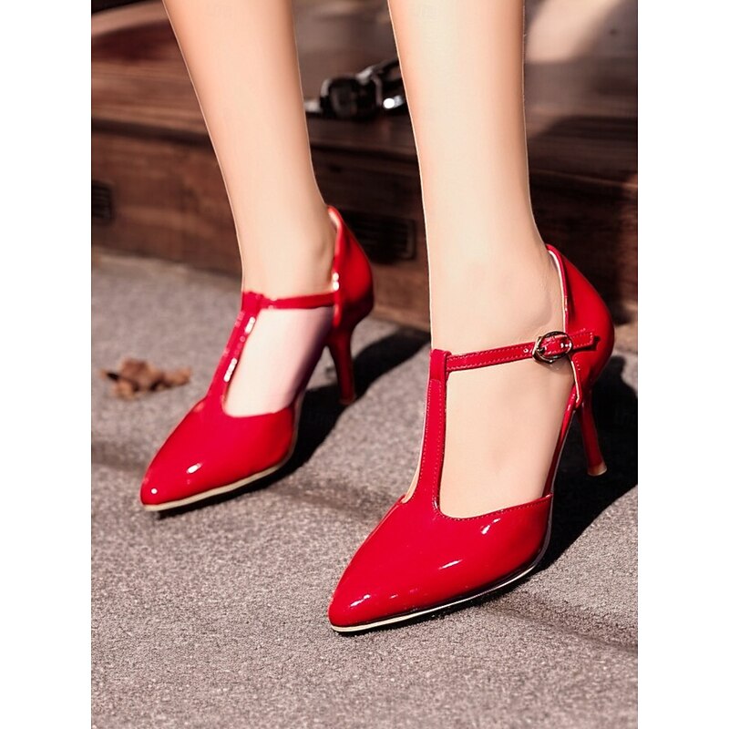 Women's Elegant Red Patent Leather T-Strap Pointed Toe Stiletto Heels - Ideal for Weddings and Special Occasions