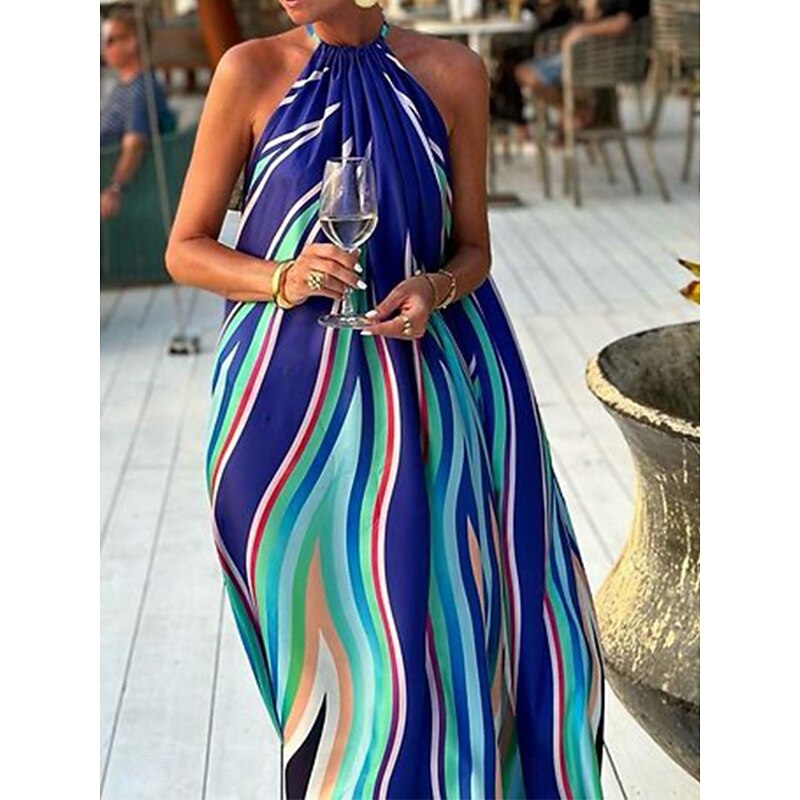 Women's Stripe Halter Neck Maxi Dress Sleeveless Summer Spring3