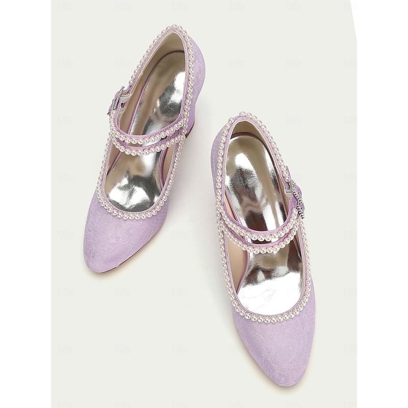 Women's Purple Lace Mary Jane Heels - Pearl Embellished Block Heels for Weddings, Parties, and Elegant Occasions4