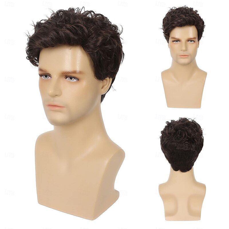 Mens Short Curly Brown Wig Synthetic Halloween Party Cosplay Costume Full Wigs for Men