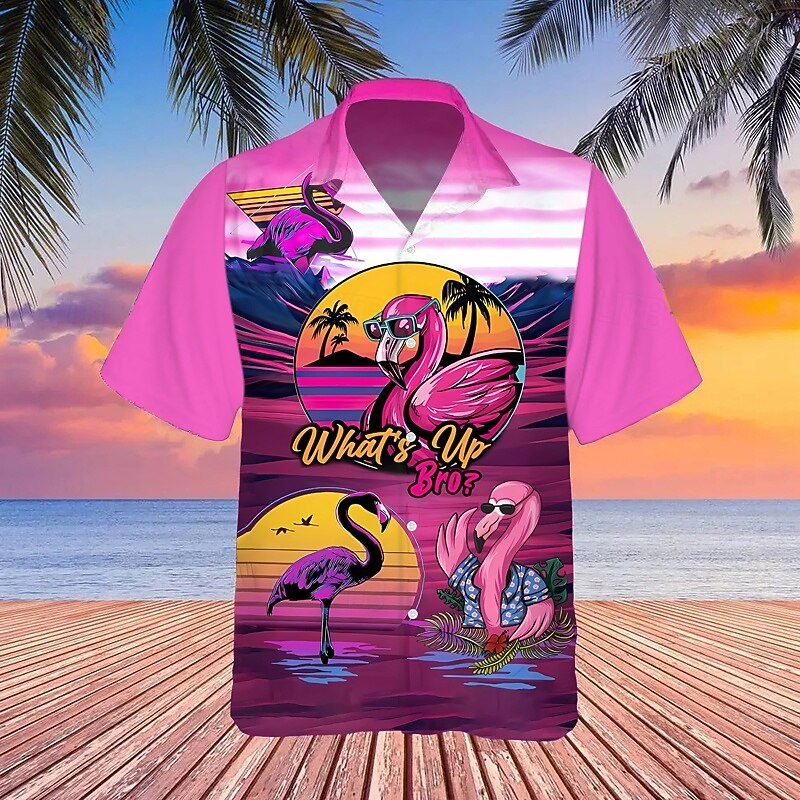 Men's Floral Flamingo Tropical Shirt Summer Hawaiian Shirt Aloha Shirt Short Sleeves Shirt Turndown Designer Casual Soft Outdoor Casual Daily Pink Navy Blue Blue S M L4