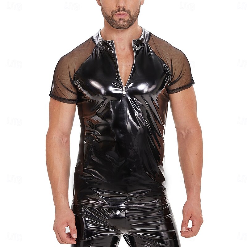 T-shirt Skin Suit Carnival Costume Men's Shiny Metallic Zipper Up Costume for Performance Club Pole Dance Halloween Carnival Adults'