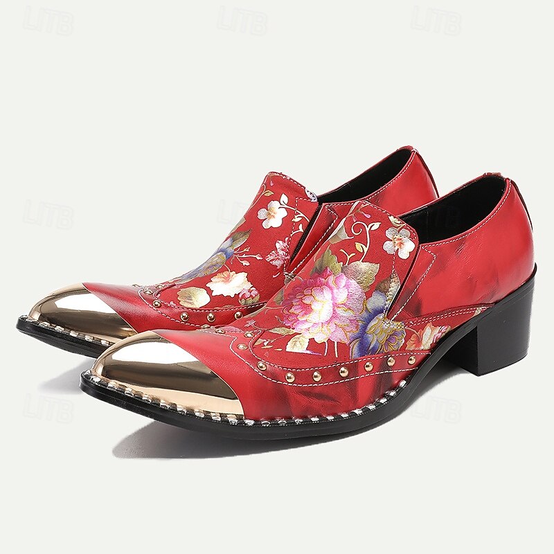 Men's Bold and Stylish Red Leather Loafers with Floral Embroidery and Gold Toe Cap - Unique and Stylish for Weddings or Parties2