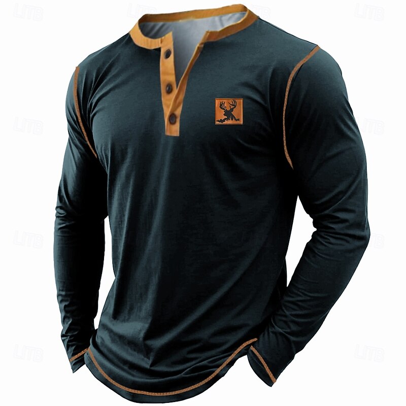 Men's Animal Deer Henley Shirt Long Sleeve T shirt 3D Print Henley Shirt Retro Vintage Cowboy Casual Daily Holiday Black Army Green Dark Blue Summer Spring Fall Clothing Apparel Normal S M L XL XXL