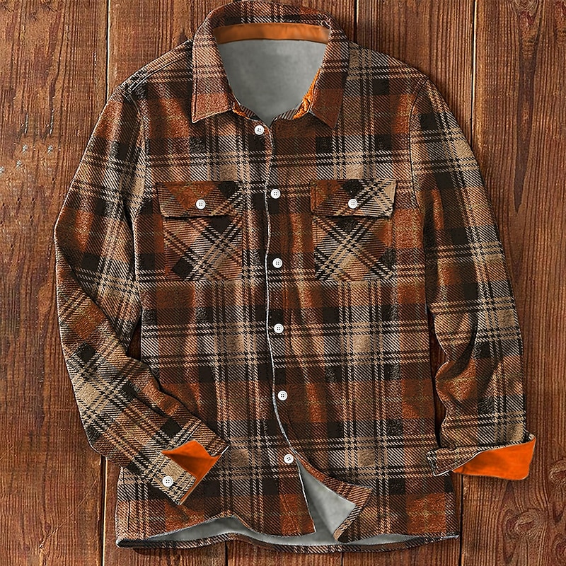 Men's Snowflake Flannel Shirt Shirt Jacket Overshirt Long Sleeve Casual Outdoor Street Fall & Winter Turndown Buttons Pocket Print Blue Brown2