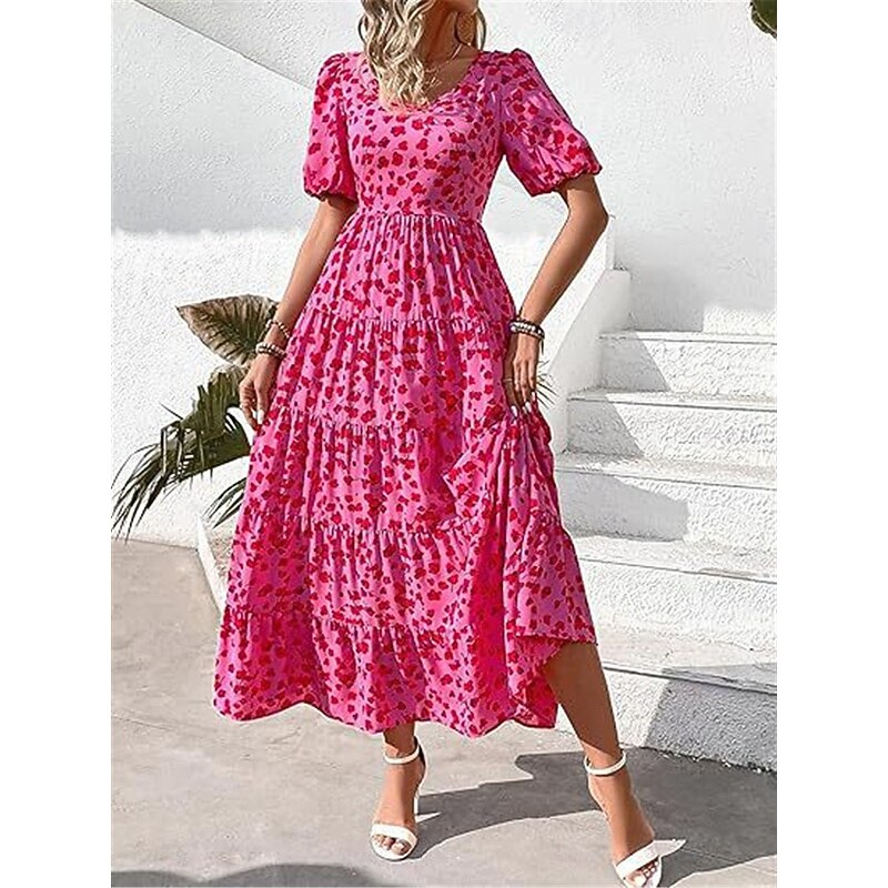 Women's Leopard Crew Neck Maxi Dress Short Sleeve Summer Spring4