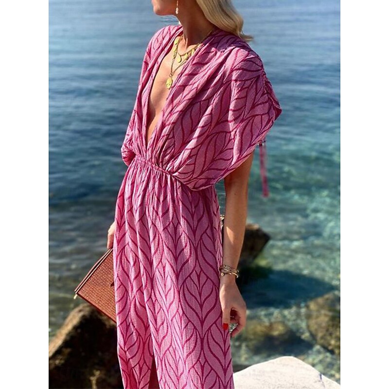 Women's Geometric V Neck Maxi Dress Half Sleeve Summer Spring4