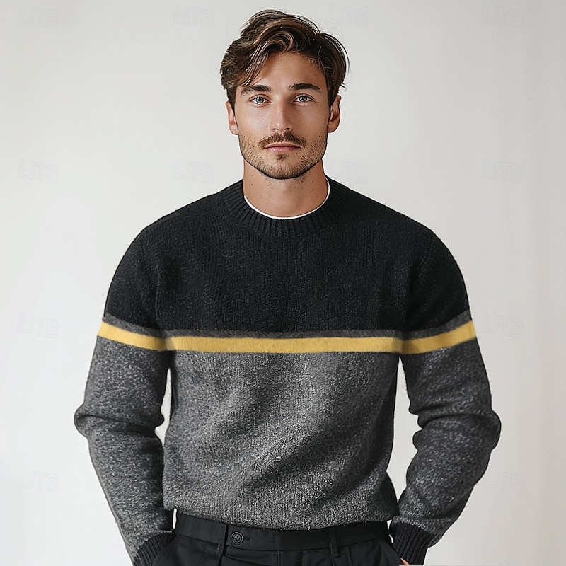 Men's 100% Merino Wool Pullover Sweater Jumper Knit Color Block Crew Neck Knitwear Elegant Christmas Outdoor Clothing Apparel Fall Winter Black Red S M L