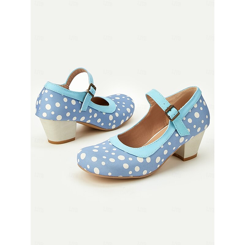 Women's Blue Polka Dot Mary Jane Heels – Retro Mid Heel Shoes with Buckle Strap for Vintage-Inspired Outfits and Dance Parties