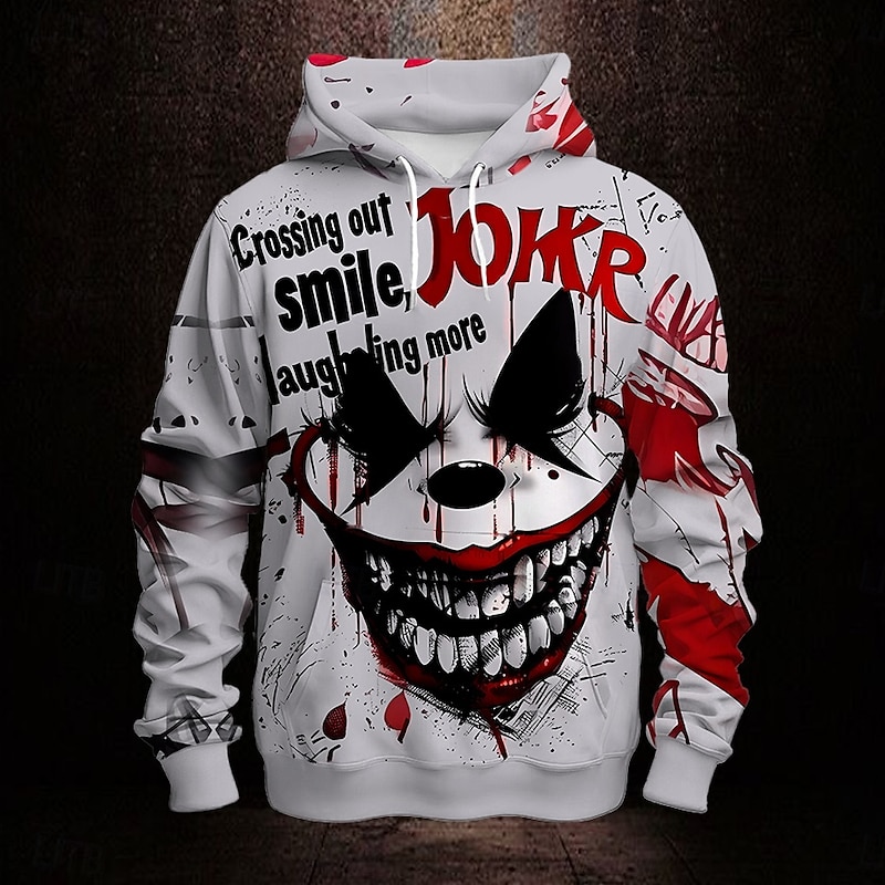 Men's Creepy Clown Joker Clown Hoodies Sweatshirt Fashion Cool Long Sleeve Crew Neck Party Holiday Streetwear White Drawstring Fall Winter Designer