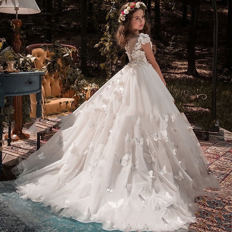 Kids Girls' Flower Girl Dress First Communion Dress Solid Color Sleeveless Long Sleeve Performance Wedding Party Mesh Princess Sweet Mesh Mid-Calf Sheath Dress Tulle Dress Summer Spring Fall kids3