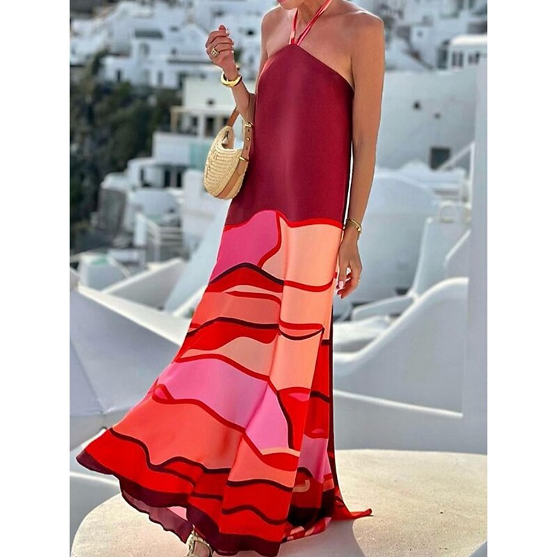 Women's Color Block Halter Neck Maxi Dress Long Sleeve Summer Spring4