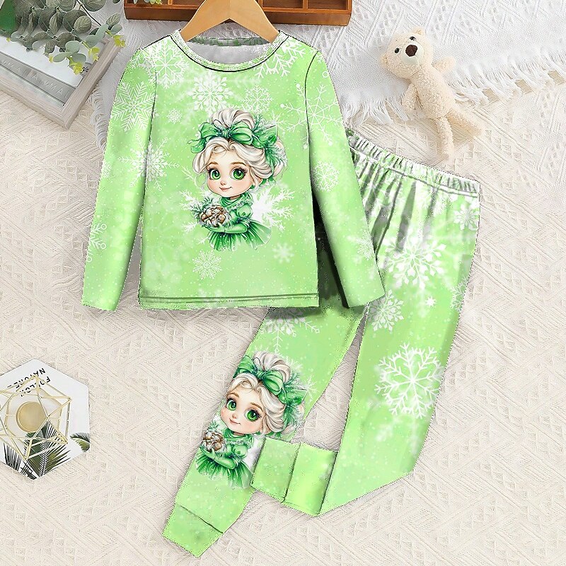 Girls' 3D Graphic Cartoon Snowflake Christmas Pajamas Pajama Sets Tee & Pants Pajama Sets Long Sleeve 3D Print Fall Winter Active Basic Kids 4 years+ Crew Neck Home Daily Regular Fit2