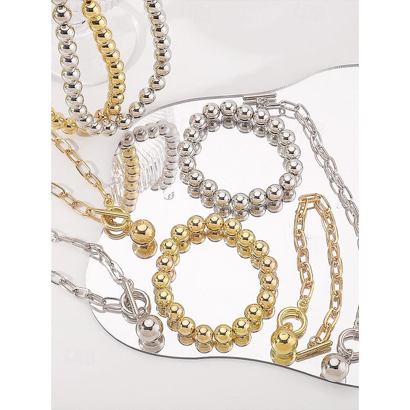 Stylish Silver Ball Bead Necklace and Bracelet – Chunky Layered Chain Design with Toggle Clasp for Modern Chic Look4