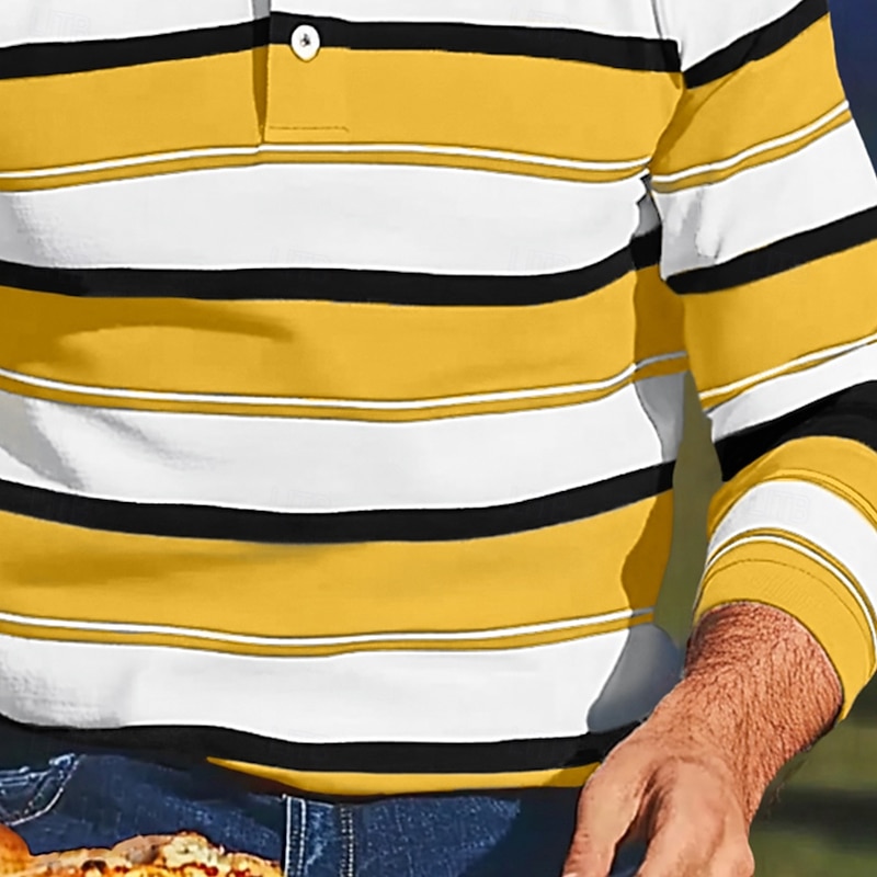 Men's Color Block Stripes Rugby Polo Shirts Long Sleeve Polo Shirts Lapel Classic Fashion 3D Print Modern Casual Sports Stripe Fall Winter Yellow Red Purple3