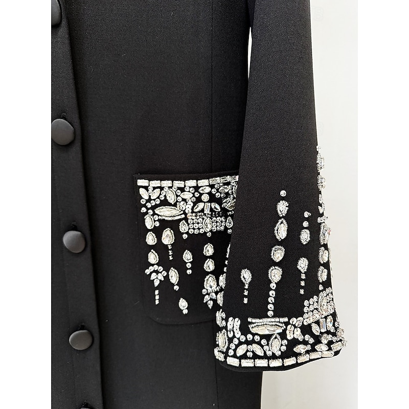 Tuxedo Dress A-Line Mermaid Formal Wedding Stretch Crepe Elegant Glittering Long Sleeve Floor Length Shirt Collar Single Breasted3