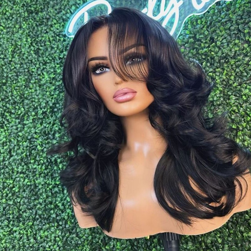Human Hair 5x5 Closure 13x4 Lace Front Wig With Bangs Brazilian Hair Wavy Black Wig 130% 150% Density with Baby Hair Natural Hairline Glueless Pre-Plucked For Women Long Human Hair Lace Wig3