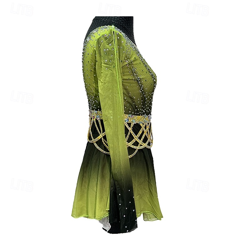 Figure Skating Dress Women's Girls' Ice Skating Dress Mineral Green Patchwork Thumbhole Mesh Spandex Stretchy Training Practice Professional Skating Wear Thermal Warm Crystal / Rhinestone Long Sleeve3