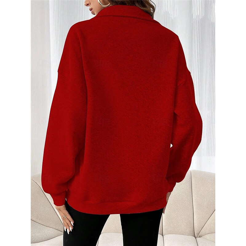 Women's Sweatshirt Casual Plain Street Dailywear Turtleneck Pocket Half Zip Long Sleeve Black Red Fall Winter2