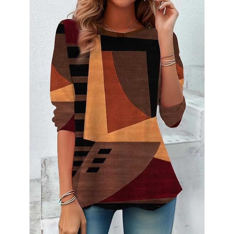 Women's T shirt Crew Neck Long Sleeve Tunic Geometric Modern Casual  Regular Tops Daily Weekend Print Light Brown Fall Winter