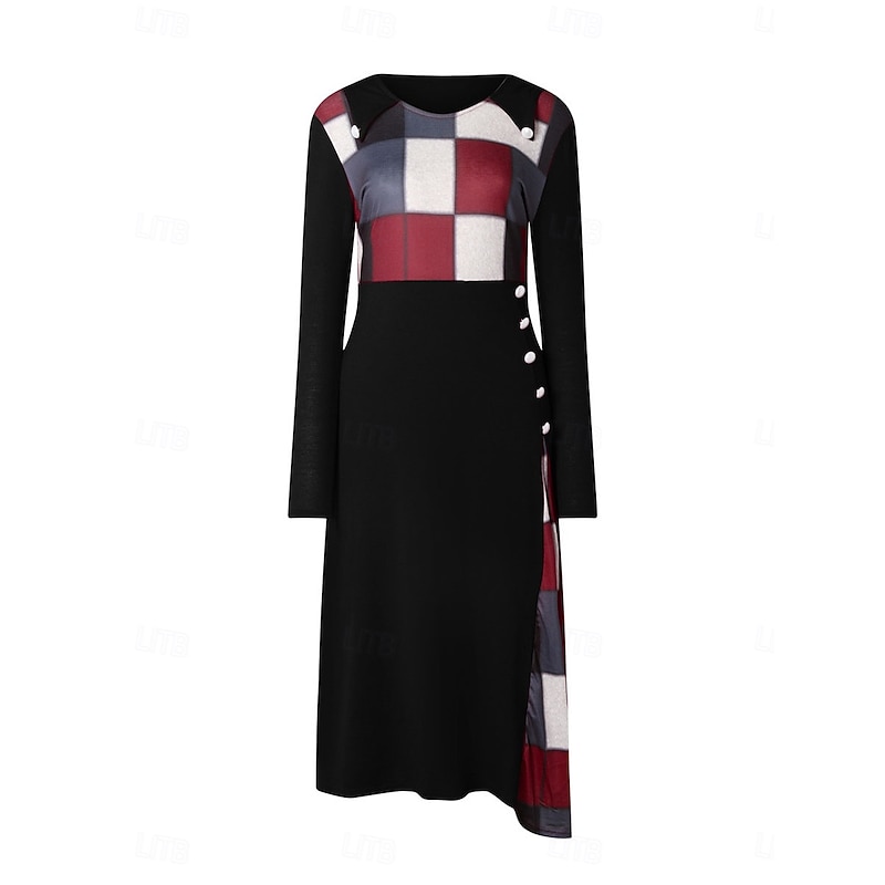 Women's Plaid Crew Neck Maxi Dress Long Sleeve Spring Fall2