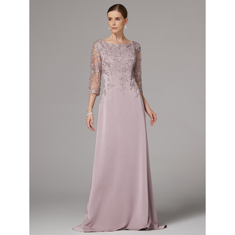 Sheath Dress Beach Wedding Mother of the Bride Dress Elegant Bateau Neck Floor Length Satin 3/4 Length Sleeve with Lace Appliques