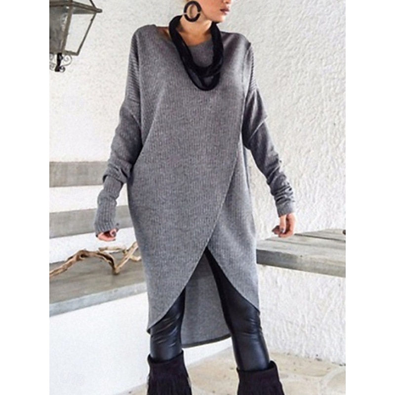 Women's Casual Dress Midi Dress Ruched Casual Crew Neck Long Sleeve Light Grey Dark Grey Color3