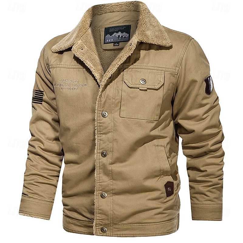 Men's American US Flag Print Embroidered Fleece Jacket Sherpa Trucker Jacket Work Cargo Jacket Turn-Down Collar Warm Winter Cotton Jacket Vintage Casual Going Out Coat Multi-Pockets