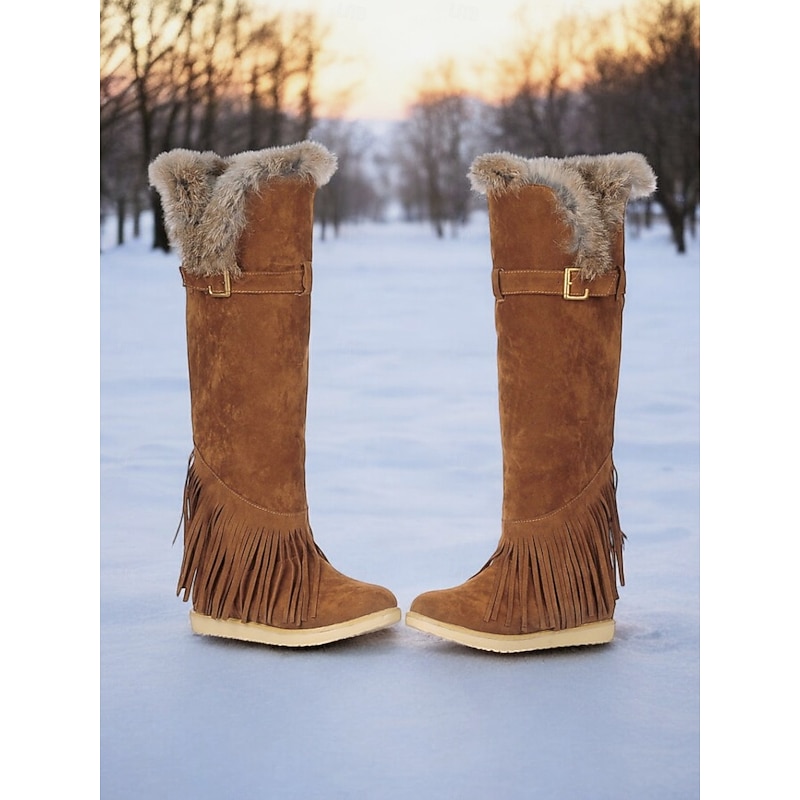 Women's Green Suede Moccasin Winter Boots with Fur Lining and Fringe Detail – Cozy Knee-High Snow Boots for Cold Weather 8