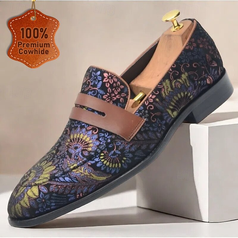 Floral Embroidered Men's Dress Loafers - Exotic Printed Leather Shoes with Contrasting Strap