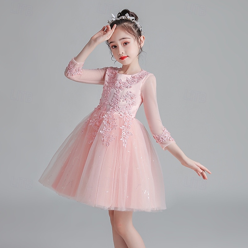 Flower Girl Dress Kid's Girls' Princess Dress Performance Wedding Party Elegant Beautiful Mesh Solid Color Long Sleeve Crew Neck Wine Red White 4 years+